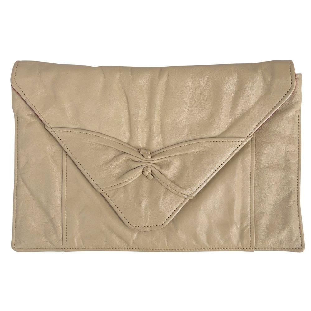Vintage 80s Tan Leather Lambskin Envelope Clutch Bow Detail USA Coquette Retro